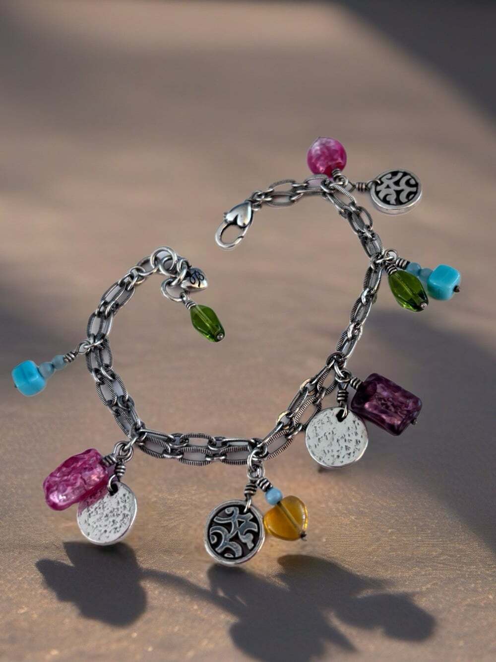 Brighton Two Strands Charm  Bracelet Turquoise Pink Purple Green  Silver Tone